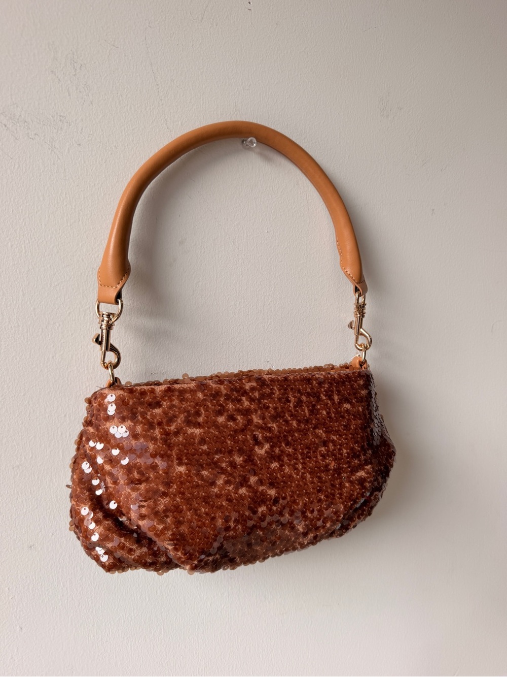 Anthropologie Copper Sequin Shoulder Bag with Tan Handle